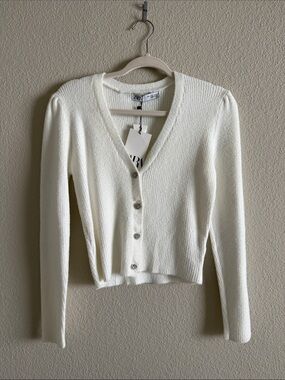 Zara White V-Neck Button-Up Cardigan